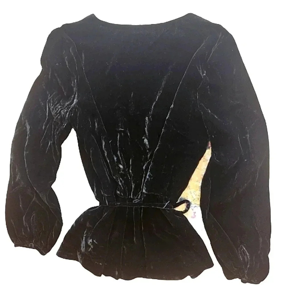 NWOT J.Crew black velvet vneck top w/ tie waist and keyhole button cuffs. Size 0